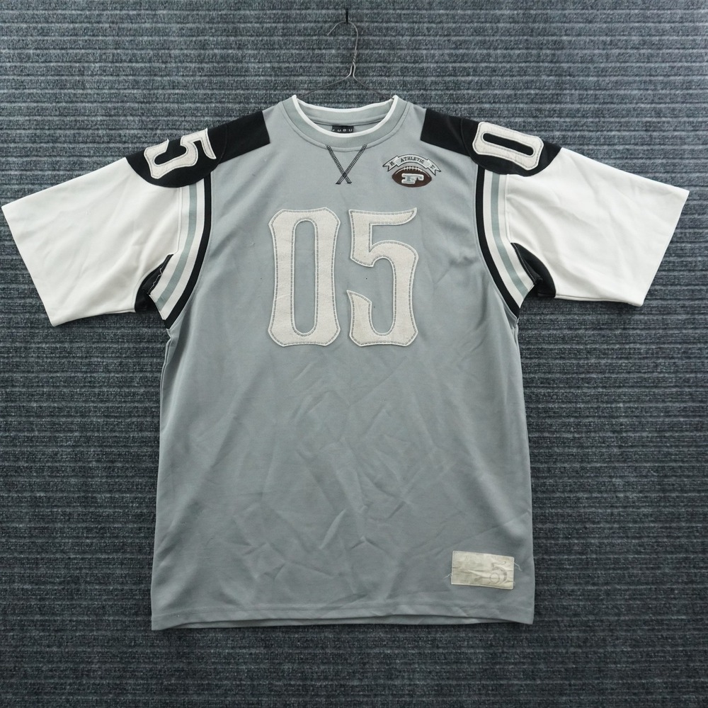 FUBU Football‎ Jersey Mens XL Grey Black White Applique Patch Streetwear 05